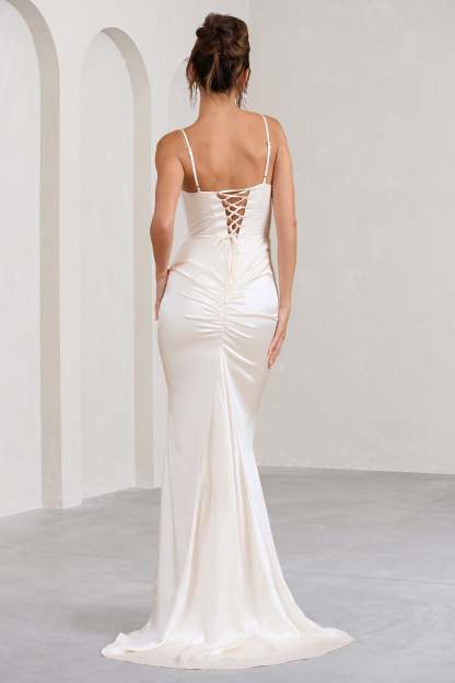 Grand Gift Cream Satin Corset Draped Fishtail Maxi Dress-Fashionmomo.All Rights Reserved
