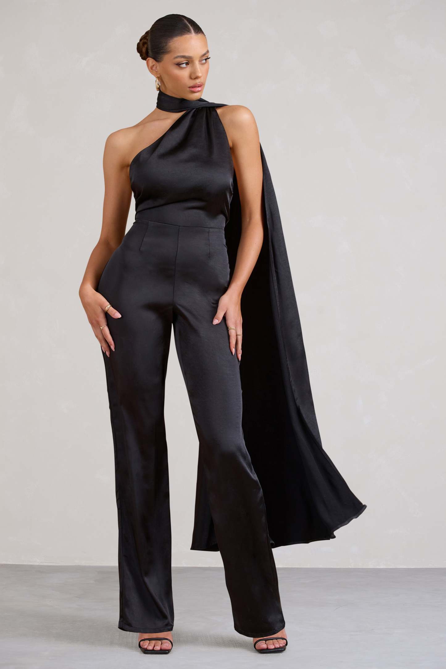 Cascada Black Satin Wide Leg Jumpsuit With Statement Scarf Neck-Fashionmomo.All Rights Reserved