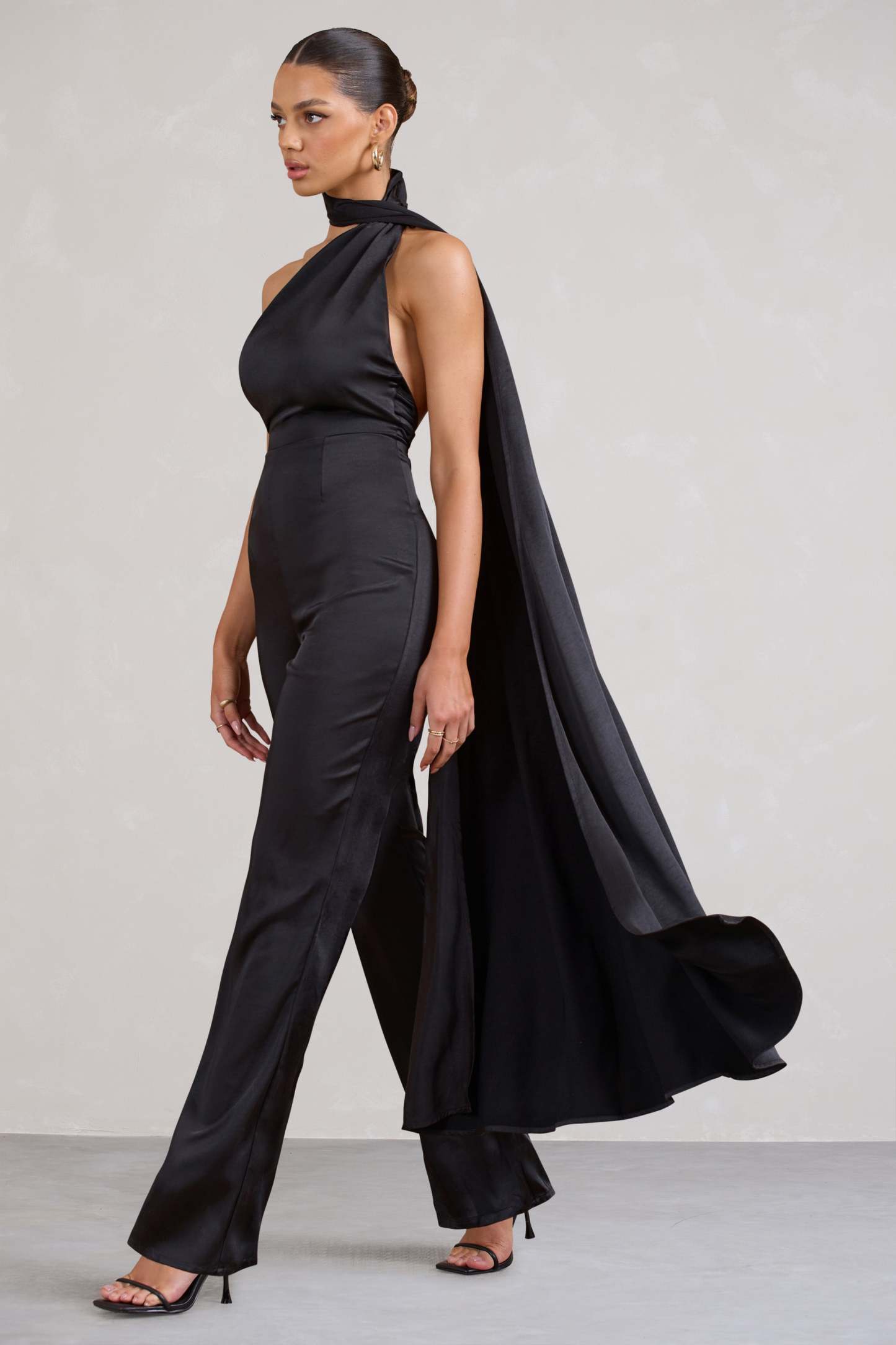 Cascada Black Satin Wide Leg Jumpsuit With Statement Scarf Neck-Fashionmomo.All Rights Reserved