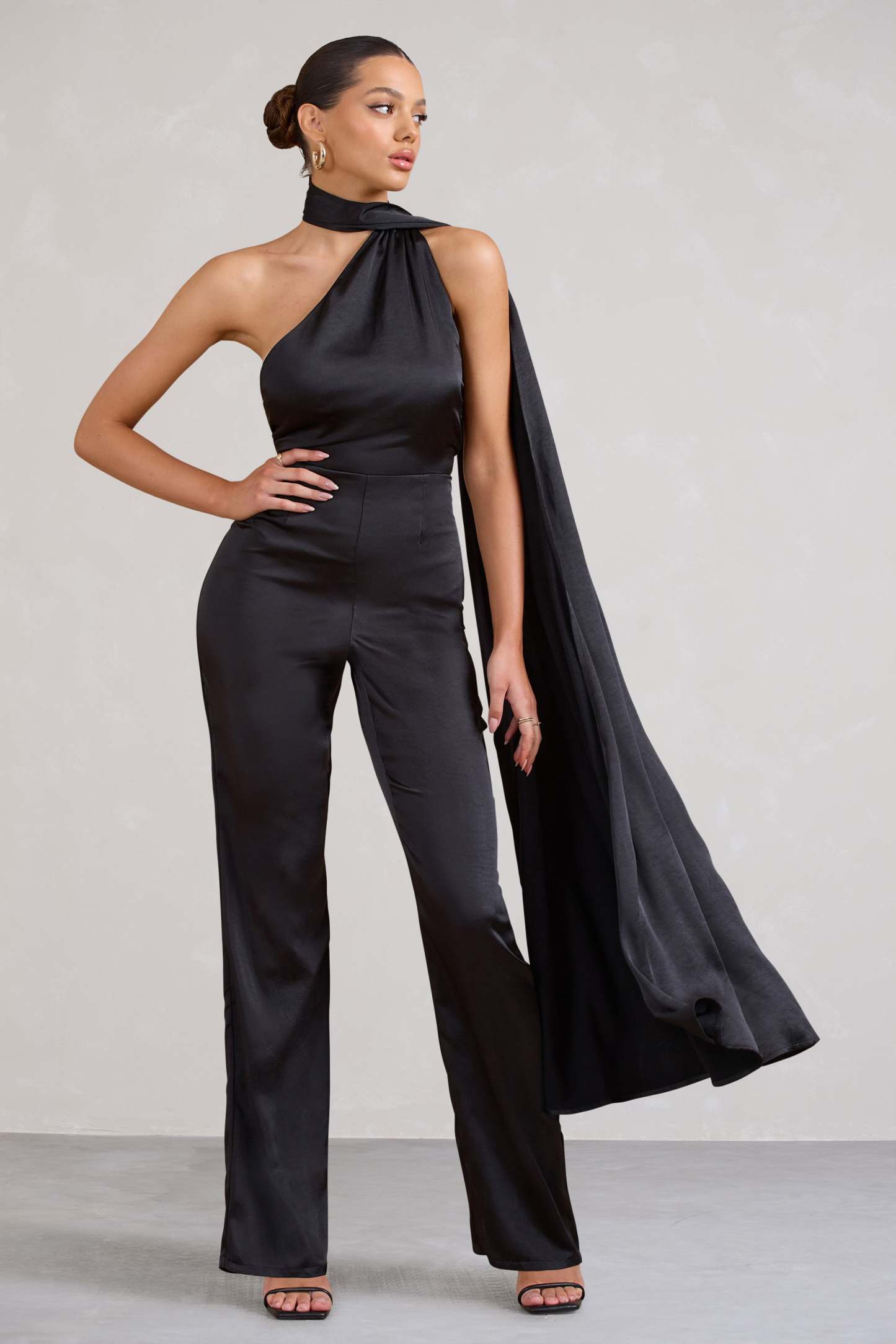 Cascada Black Satin Wide Leg Jumpsuit With Statement Scarf Neck-Fashionmomo.All Rights Reserved
