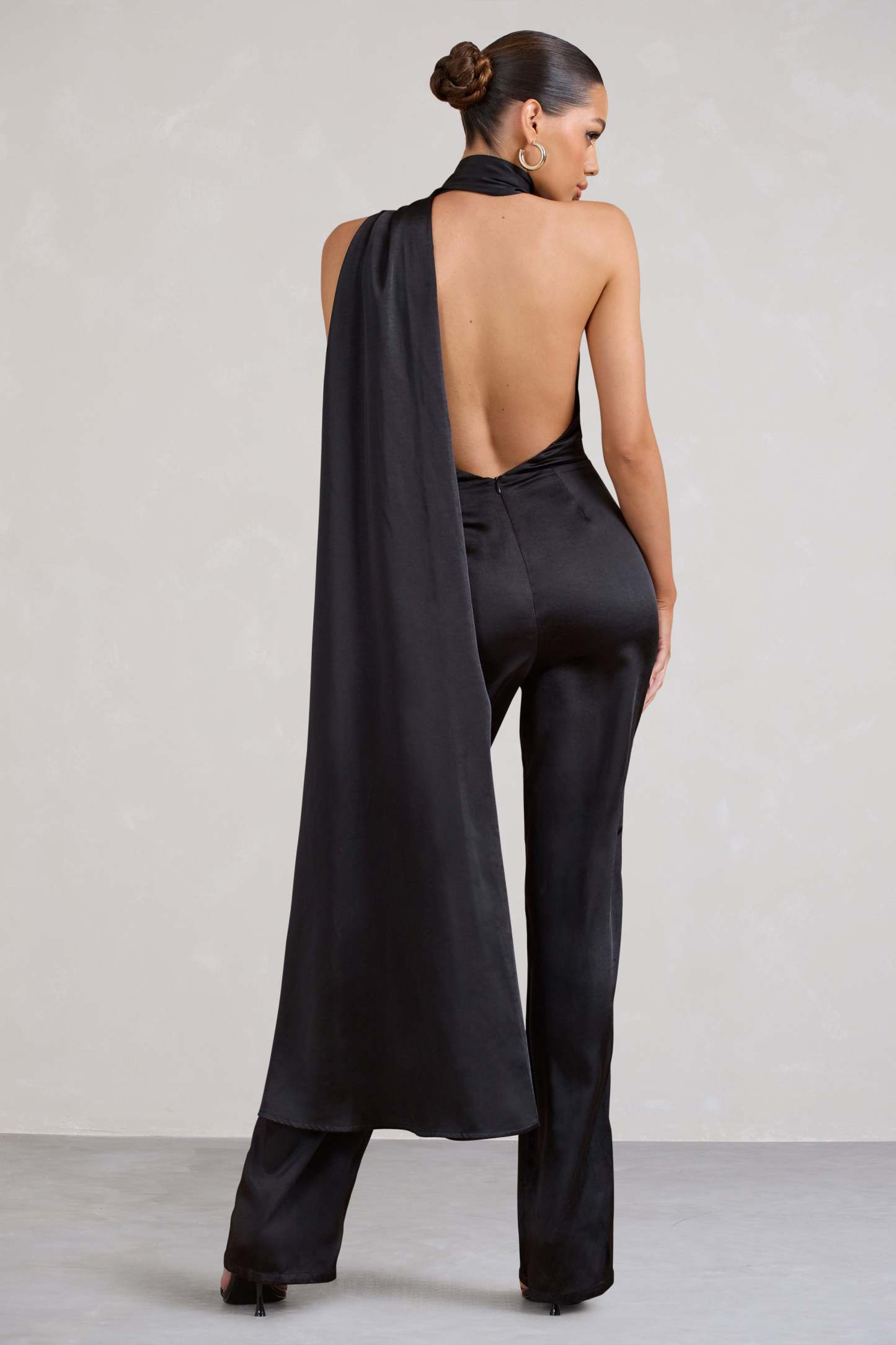 Cascada Black Satin Wide Leg Jumpsuit With Statement Scarf Neck-Fashionmomo.All Rights Reserved
