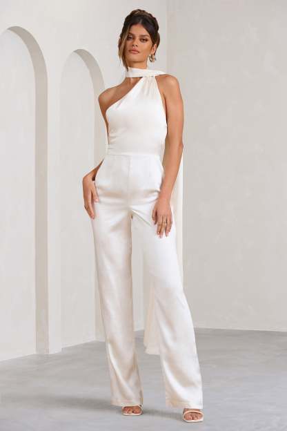 Cascada Cream Satin Halter Jumpsuit With Draped Scarf-Fashionmomo.All Rights Reserved