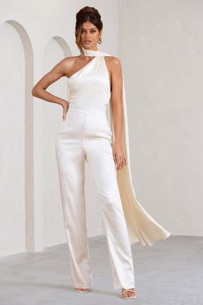 Cascada Cream Satin Halter Jumpsuit With Draped Scarf-Fashionmomo.All Rights Reserved