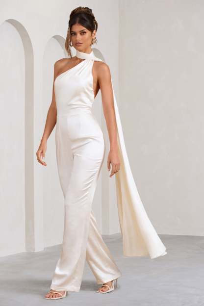 Cascada Cream Satin Halter Jumpsuit With Draped Scarf-Fashionmomo.All Rights Reserved