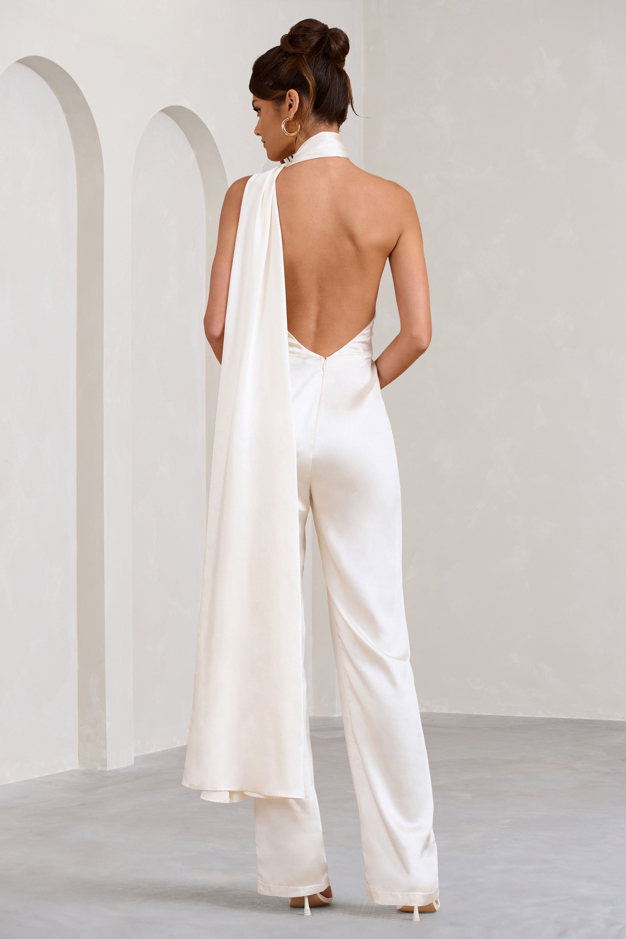 Cascada Cream Satin Halter Jumpsuit With Draped Scarf-Fashionmomo.All Rights Reserved