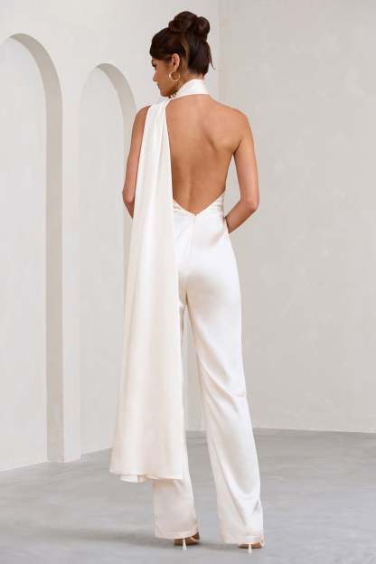 Cascada Cream Satin Halter Jumpsuit With Draped Scarf-Fashionmomo.All Rights Reserved