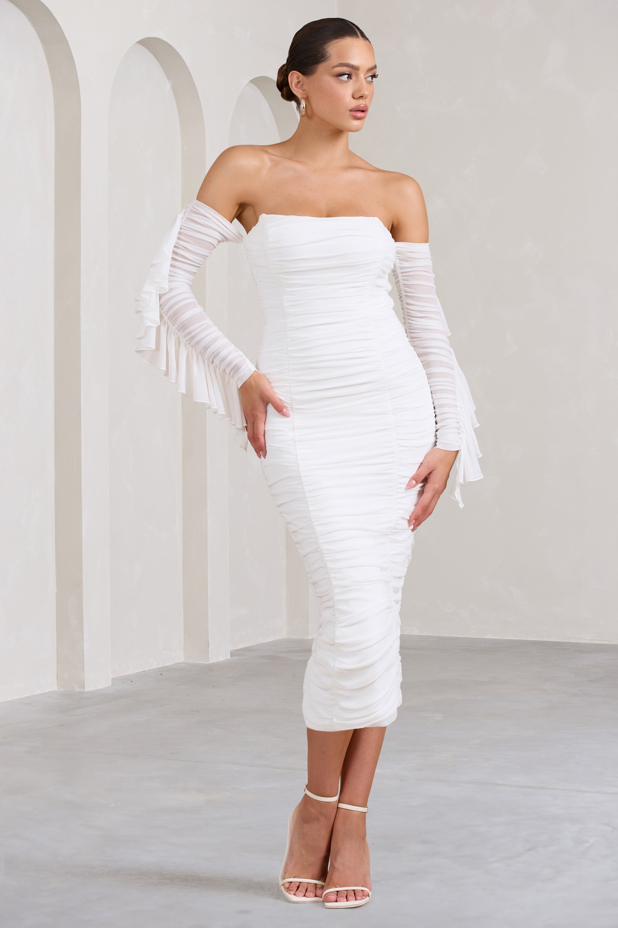 Favor White Ruched Mesh Bardot Midi Dress-Fashionmomo.All Rights Reserved
