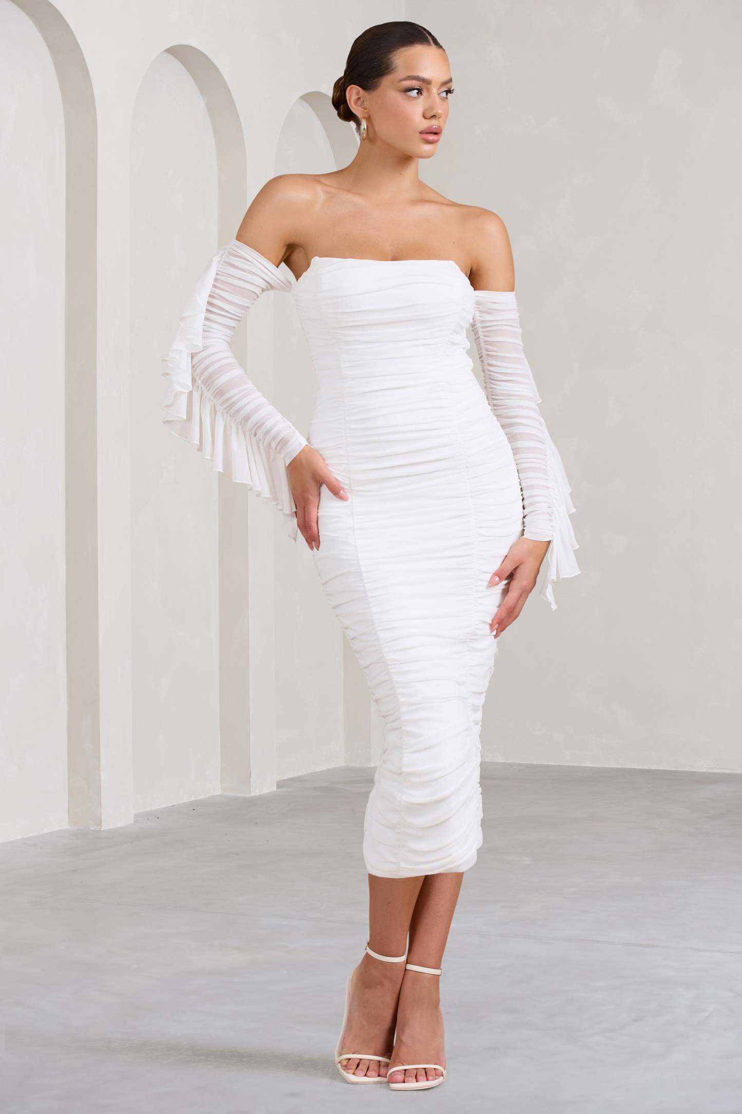 Favor White Ruched Mesh Bardot Midi Dress-Fashionmomo.All Rights Reserved