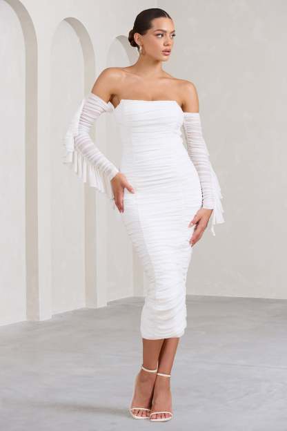 Favor White Ruched Mesh Bardot Midi Dress-Fashionmomo.All Rights Reserved