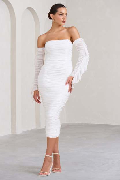 Favor White Ruched Mesh Bardot Midi Dress-Fashionmomo.All Rights Reserved