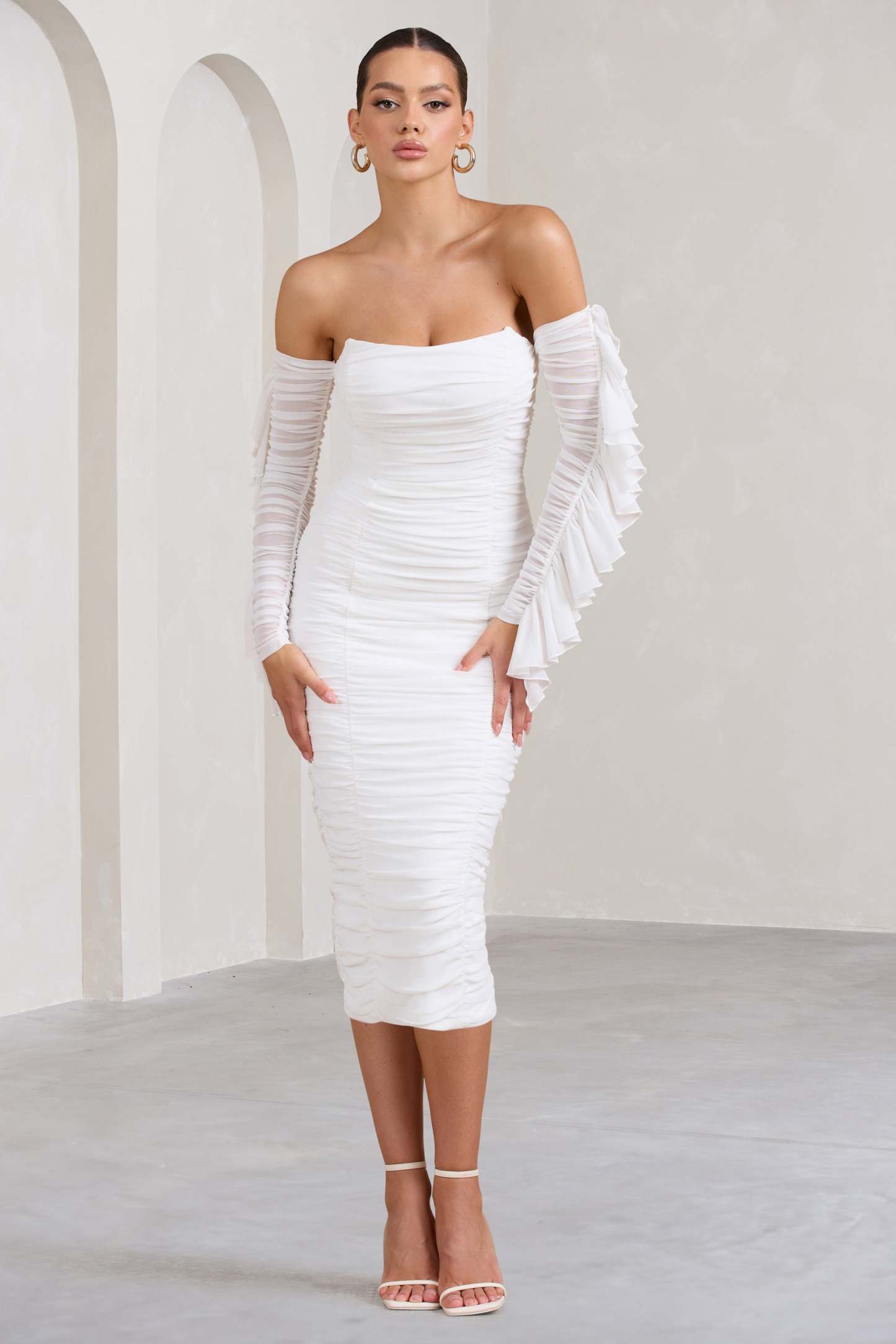 Favor White Ruched Mesh Bardot Midi Dress-Fashionmomo.All Rights Reserved