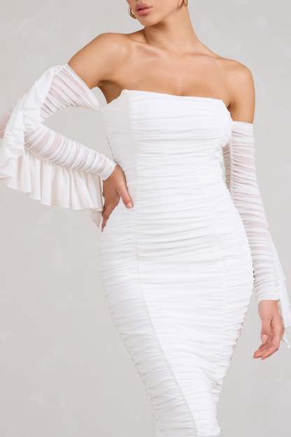 Favor White Ruched Mesh Bardot Midi Dress-Fashionmomo.All Rights Reserved