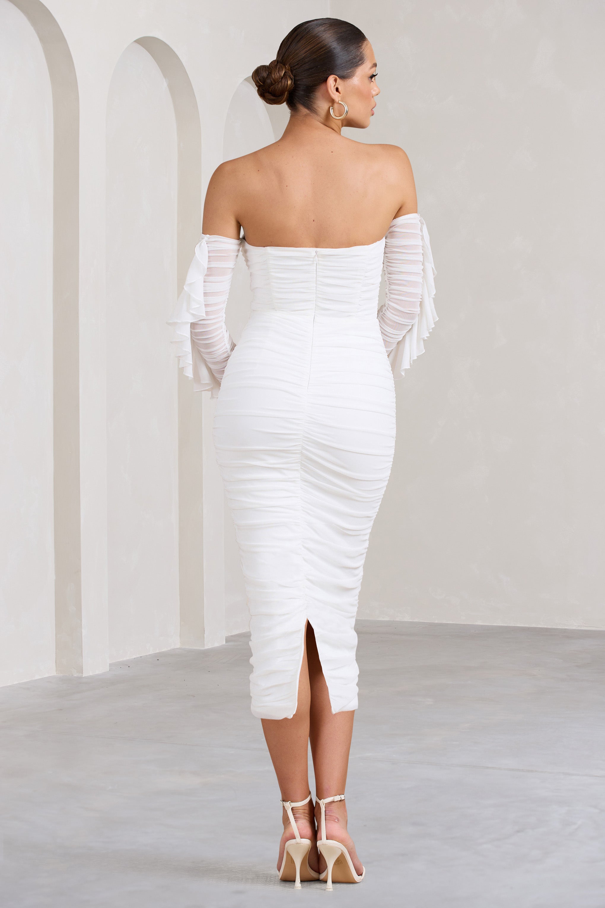 Favor White Ruched Mesh Bardot Midi Dress-Fashionmomo.All Rights Reserved