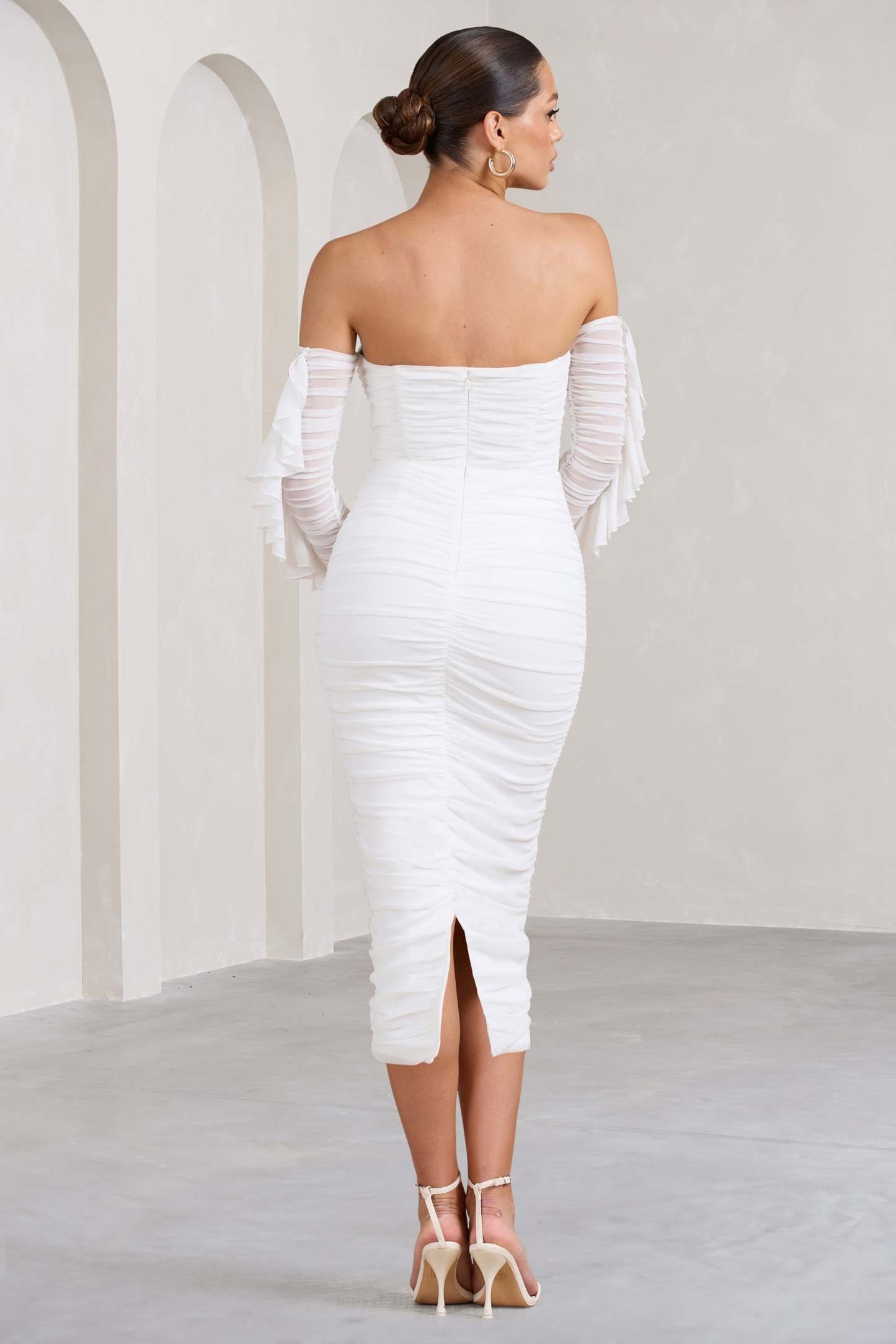 Favor White Ruched Mesh Bardot Midi Dress-Fashionmomo.All Rights Reserved