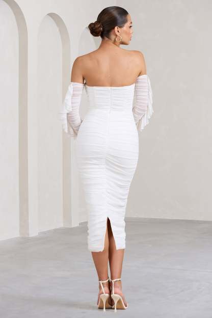 Favor White Ruched Mesh Bardot Midi Dress-Fashionmomo.All Rights Reserved