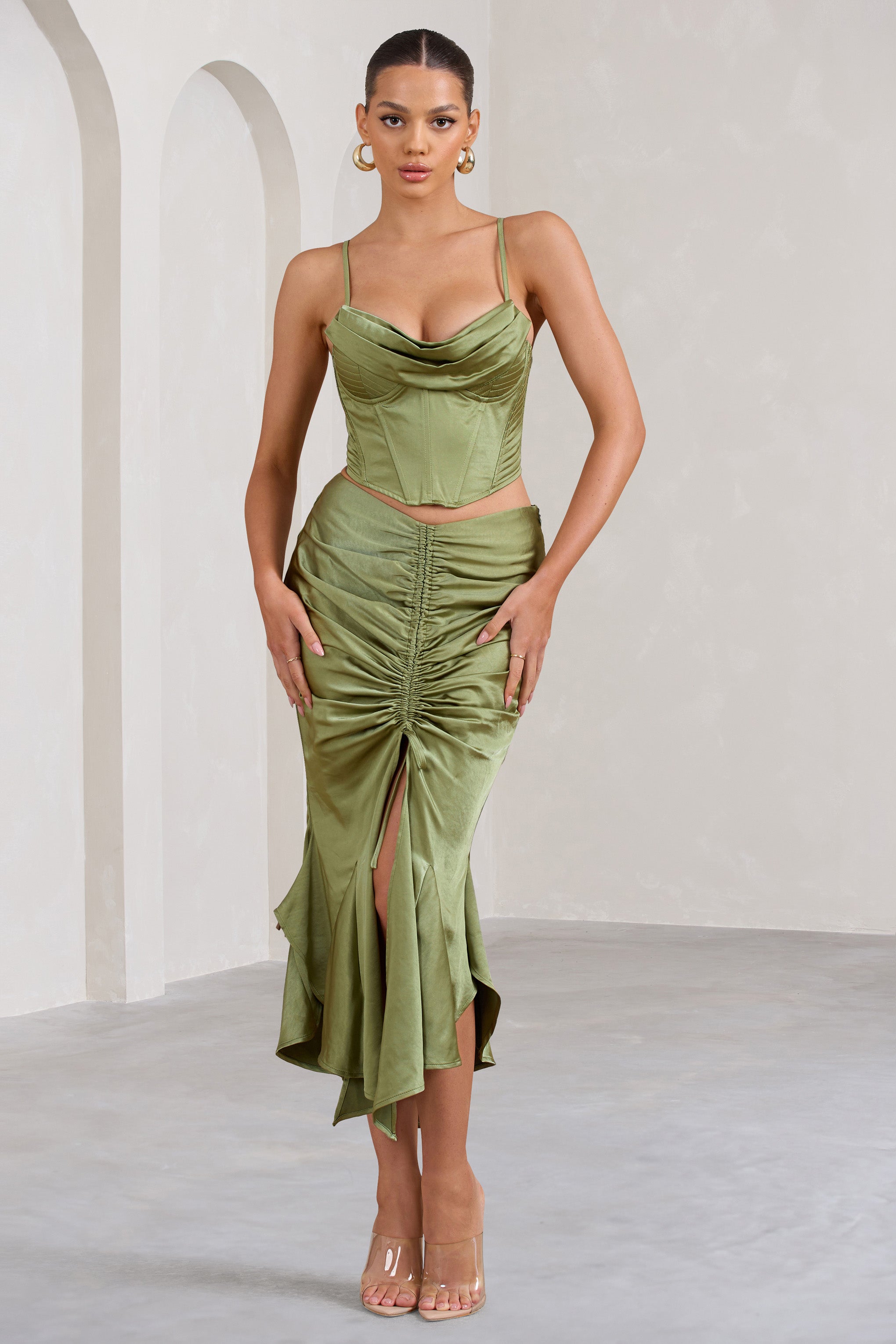 Per Favore Olive Satin Ruched Split Maxi Skirt-Fashionmomo.All Rights Reserved