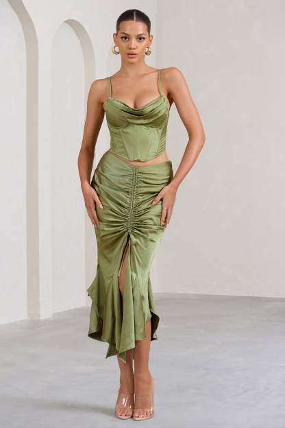 Per Favore Olive Satin Ruched Split Maxi Skirt-Fashionmomo.All Rights Reserved