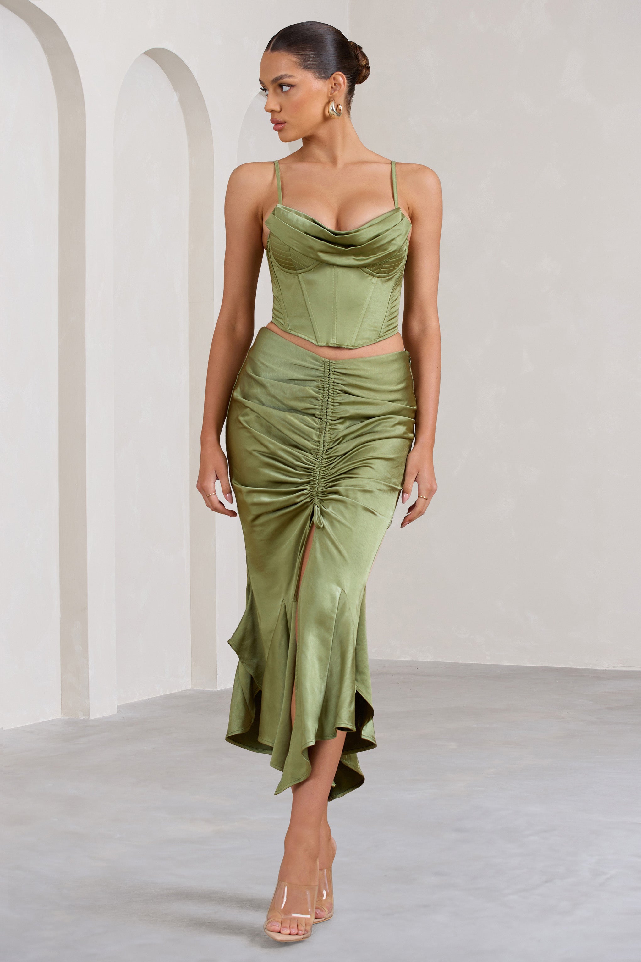 Per Favore Olive Satin Ruched Split Maxi Skirt-Fashionmomo.All Rights Reserved