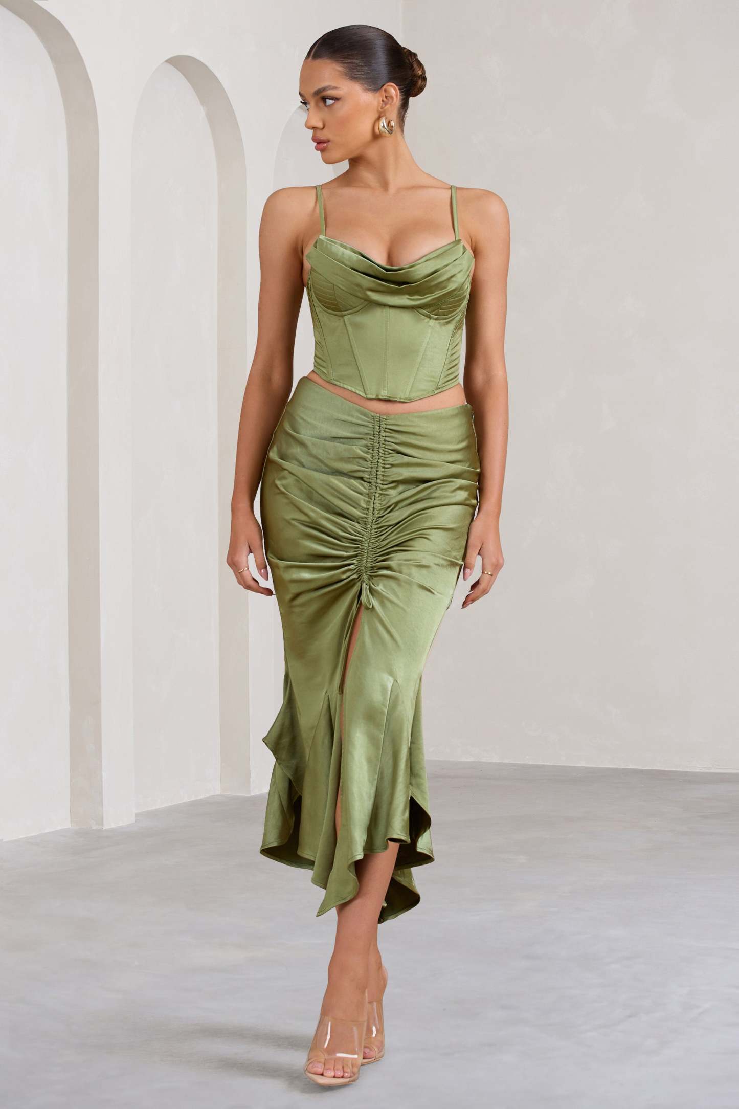 Per Favore Olive Satin Ruched Split Maxi Skirt-Fashionmomo.All Rights Reserved