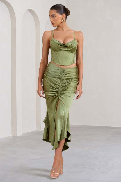 Per Favore Olive Satin Ruched Split Maxi Skirt-Fashionmomo.All Rights Reserved