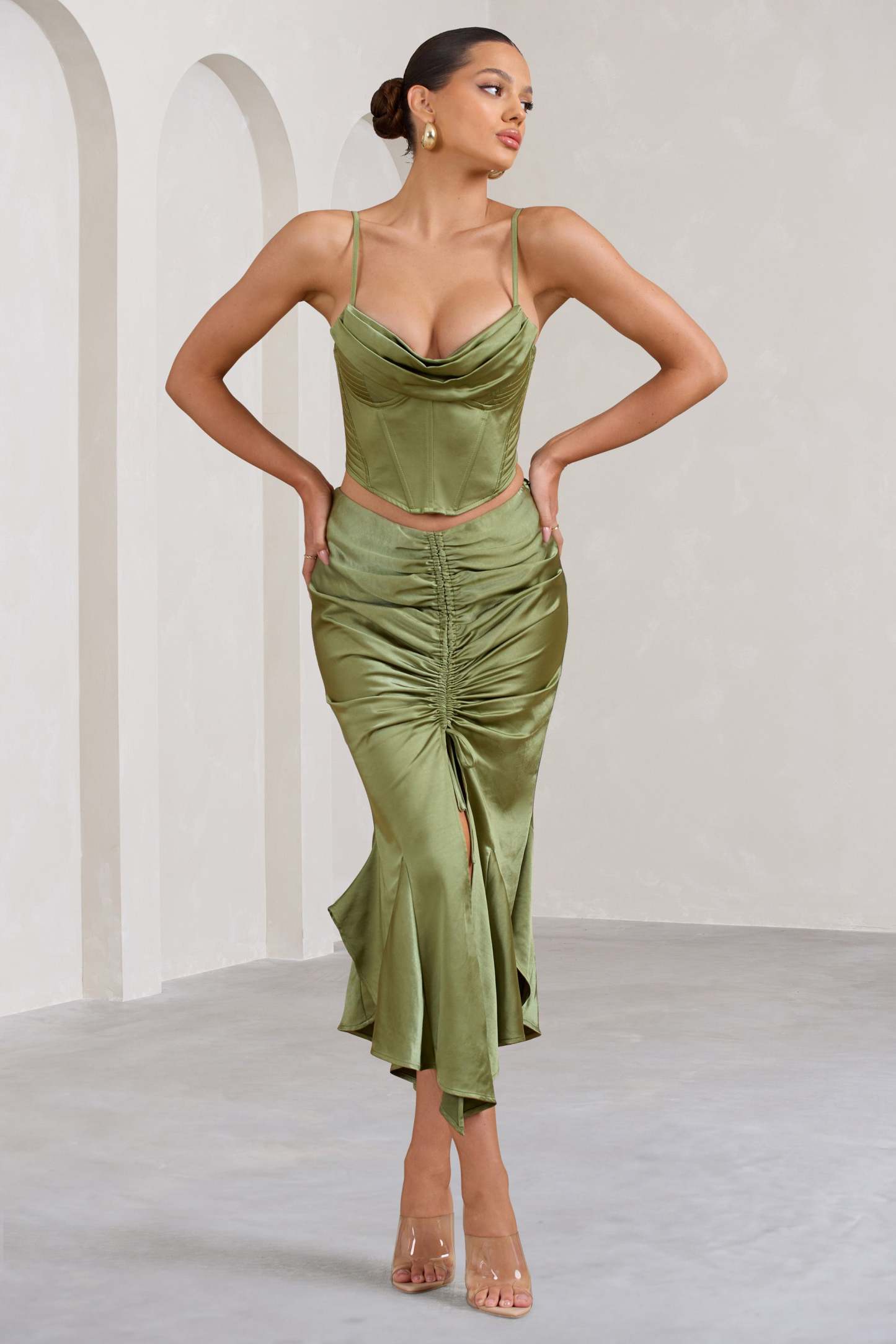 Per Favore Olive Satin Ruched Split Maxi Skirt-Fashionmomo.All Rights Reserved