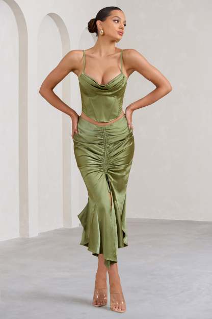 Per Favore Olive Satin Ruched Split Maxi Skirt-Fashionmomo.All Rights Reserved