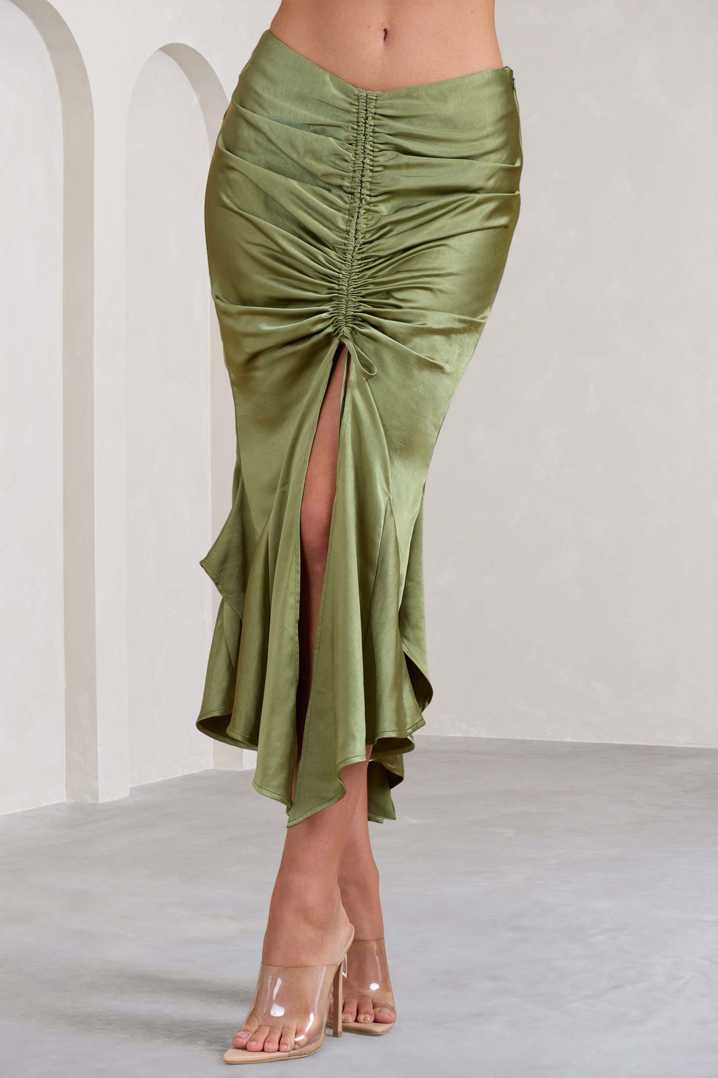 Per Favore Olive Satin Ruched Split Maxi Skirt-Fashionmomo.All Rights Reserved