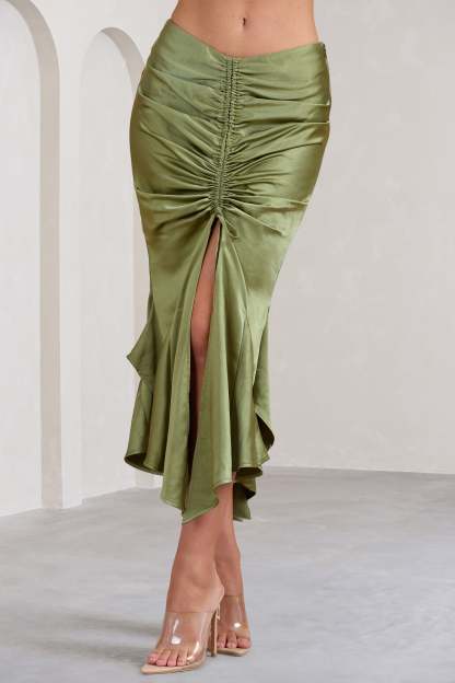 Per Favore Olive Satin Ruched Split Maxi Skirt-Fashionmomo.All Rights Reserved