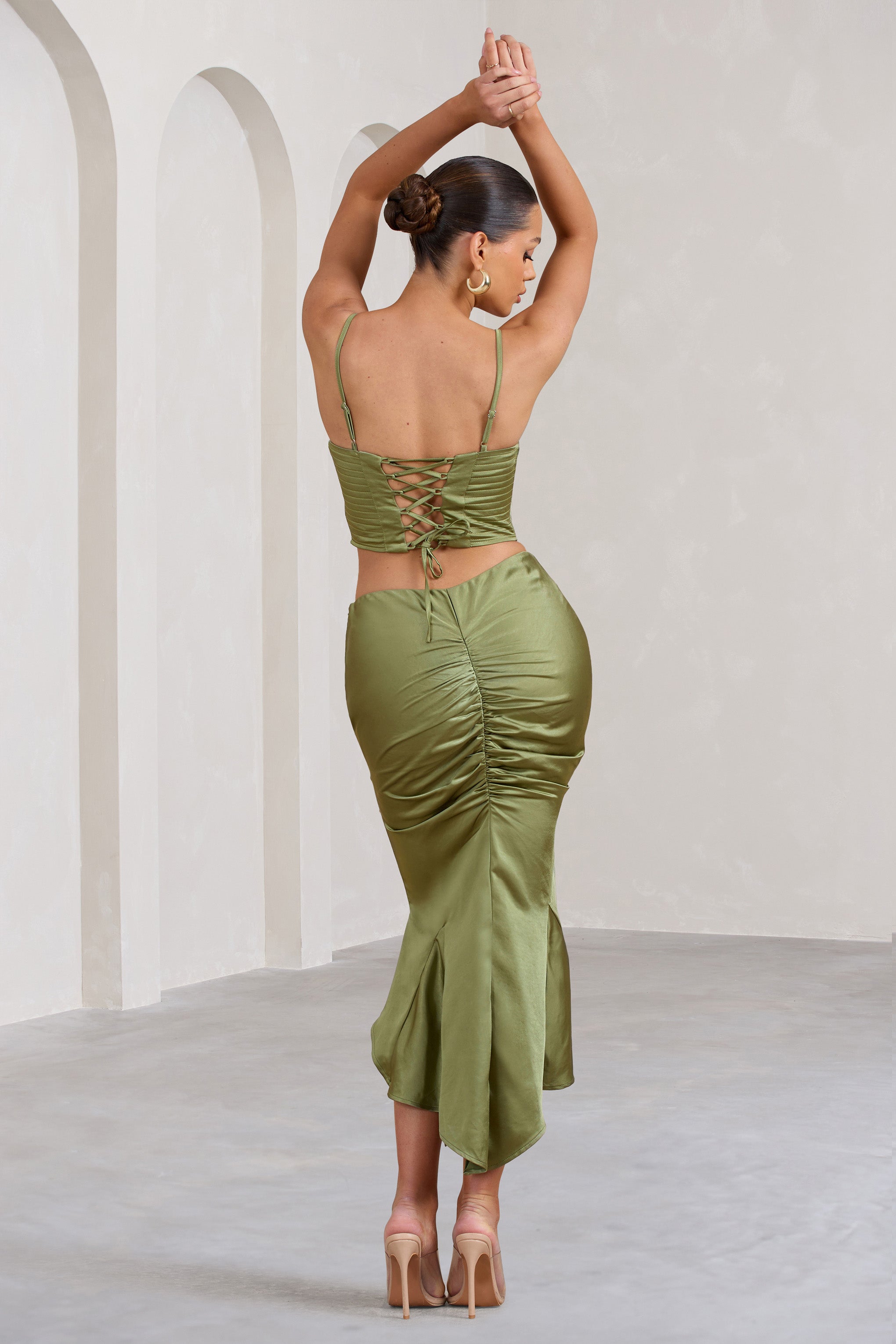Per Favore Olive Satin Ruched Split Maxi Skirt-Fashionmomo.All Rights Reserved