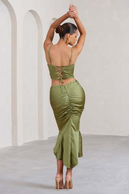 Per Favore Olive Satin Ruched Split Maxi Skirt-Fashionmomo.All Rights Reserved