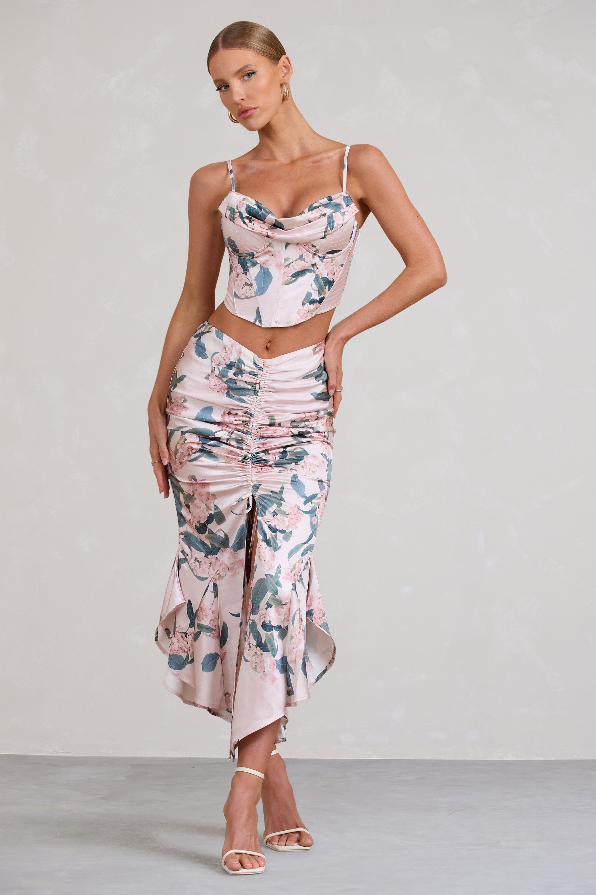 Per Favore Pink Satin Ruched Split Maxi Skirt-Fashionmomo.All Rights Reserved