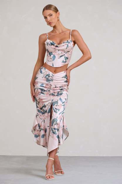 Per Favore Pink Satin Ruched Split Maxi Skirt-Fashionmomo.All Rights Reserved
