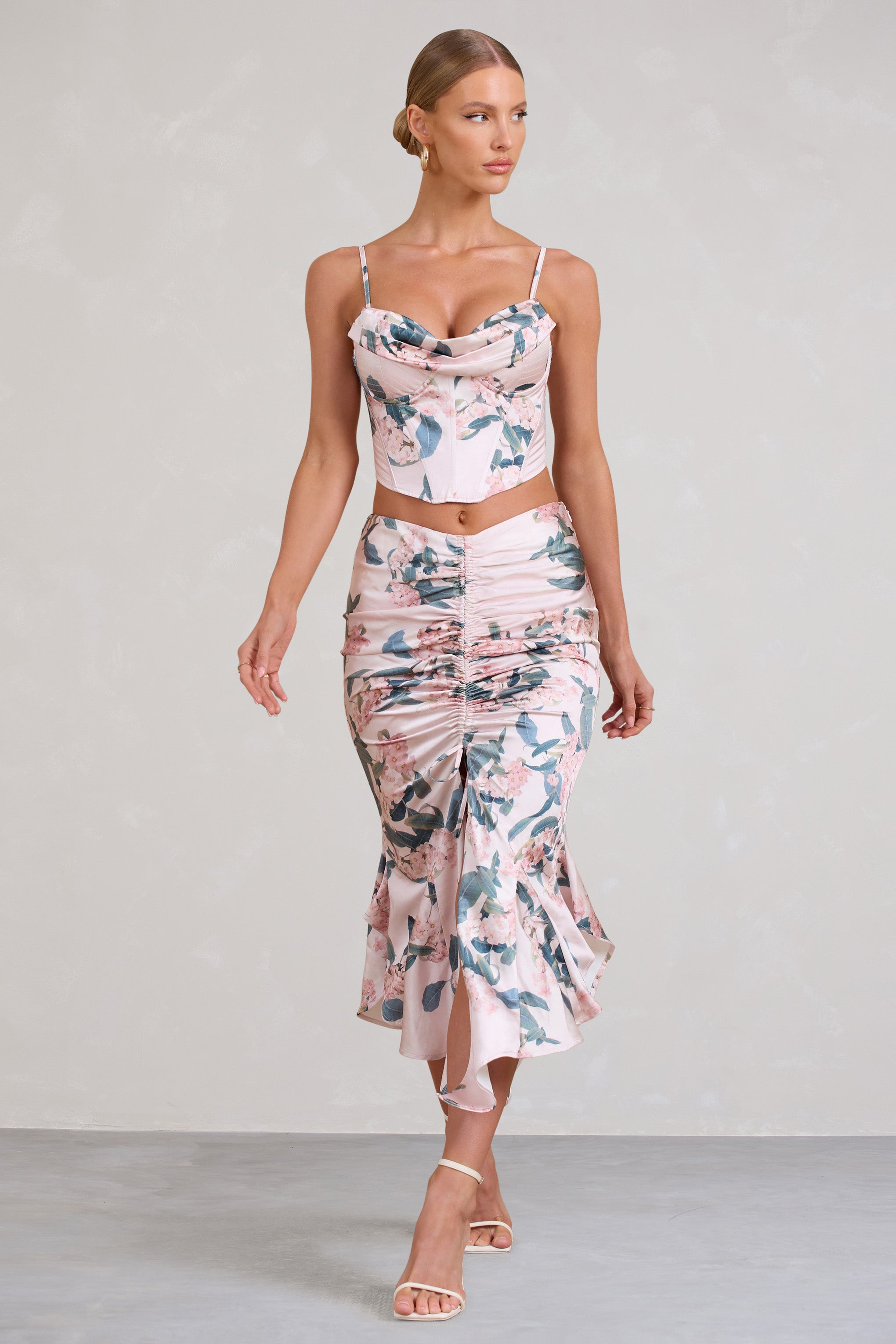Per Favore Pink Satin Ruched Split Maxi Skirt-Fashionmomo.All Rights Reserved