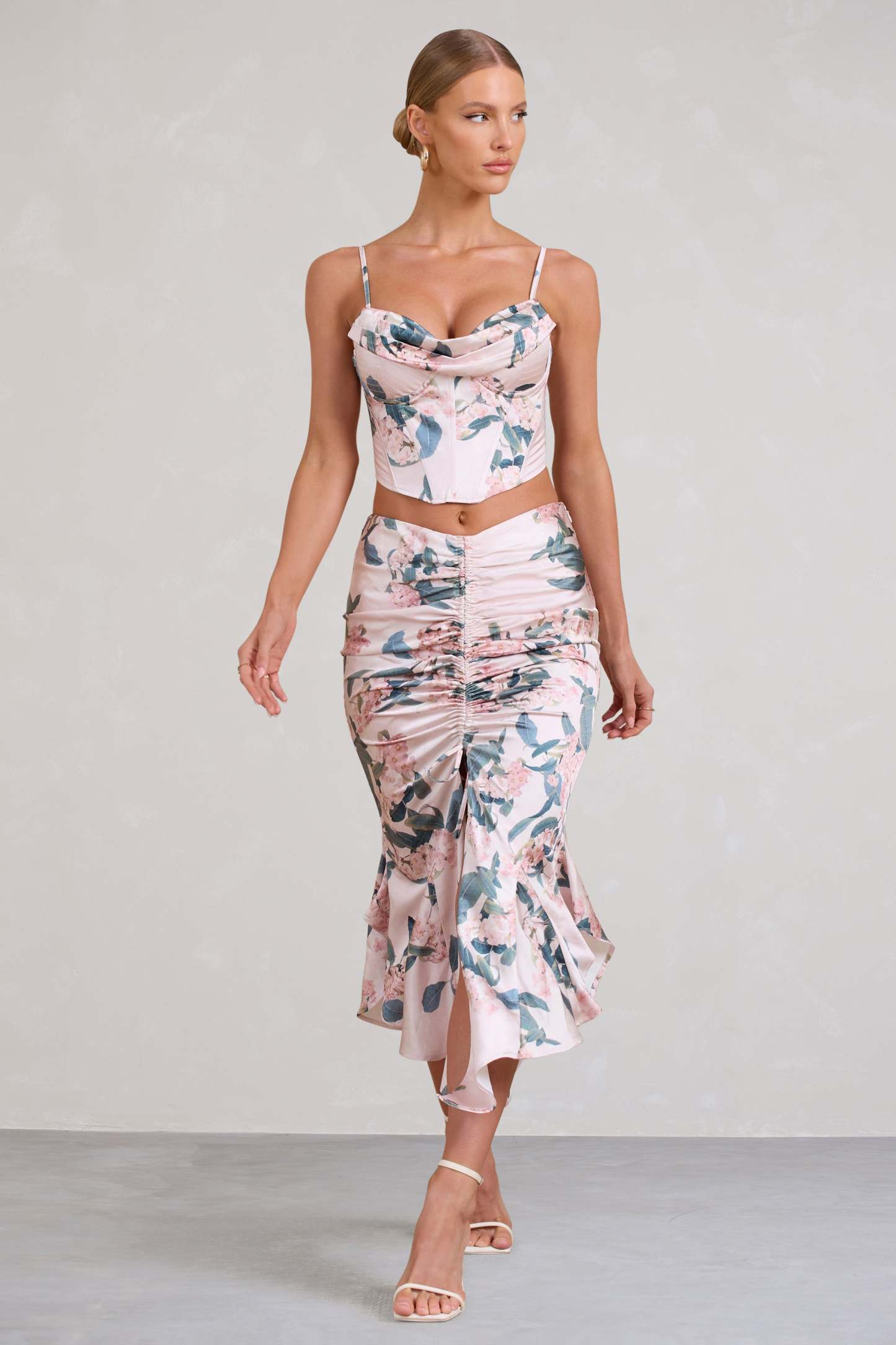 Per Favore Pink Satin Ruched Split Maxi Skirt-Fashionmomo.All Rights Reserved
