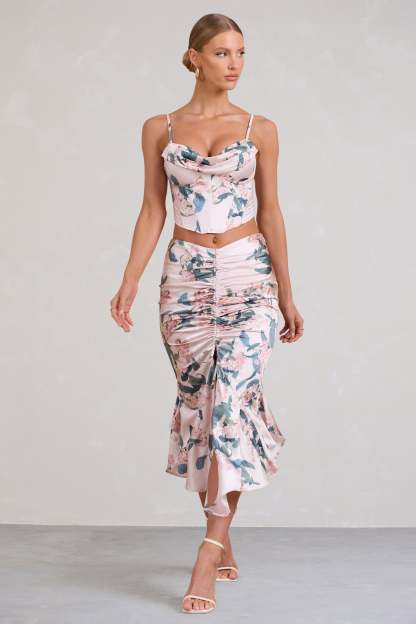 Per Favore Pink Satin Ruched Split Maxi Skirt-Fashionmomo.All Rights Reserved