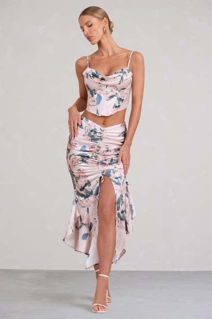 Per Favore Pink Satin Ruched Split Maxi Skirt-Fashionmomo.All Rights Reserved