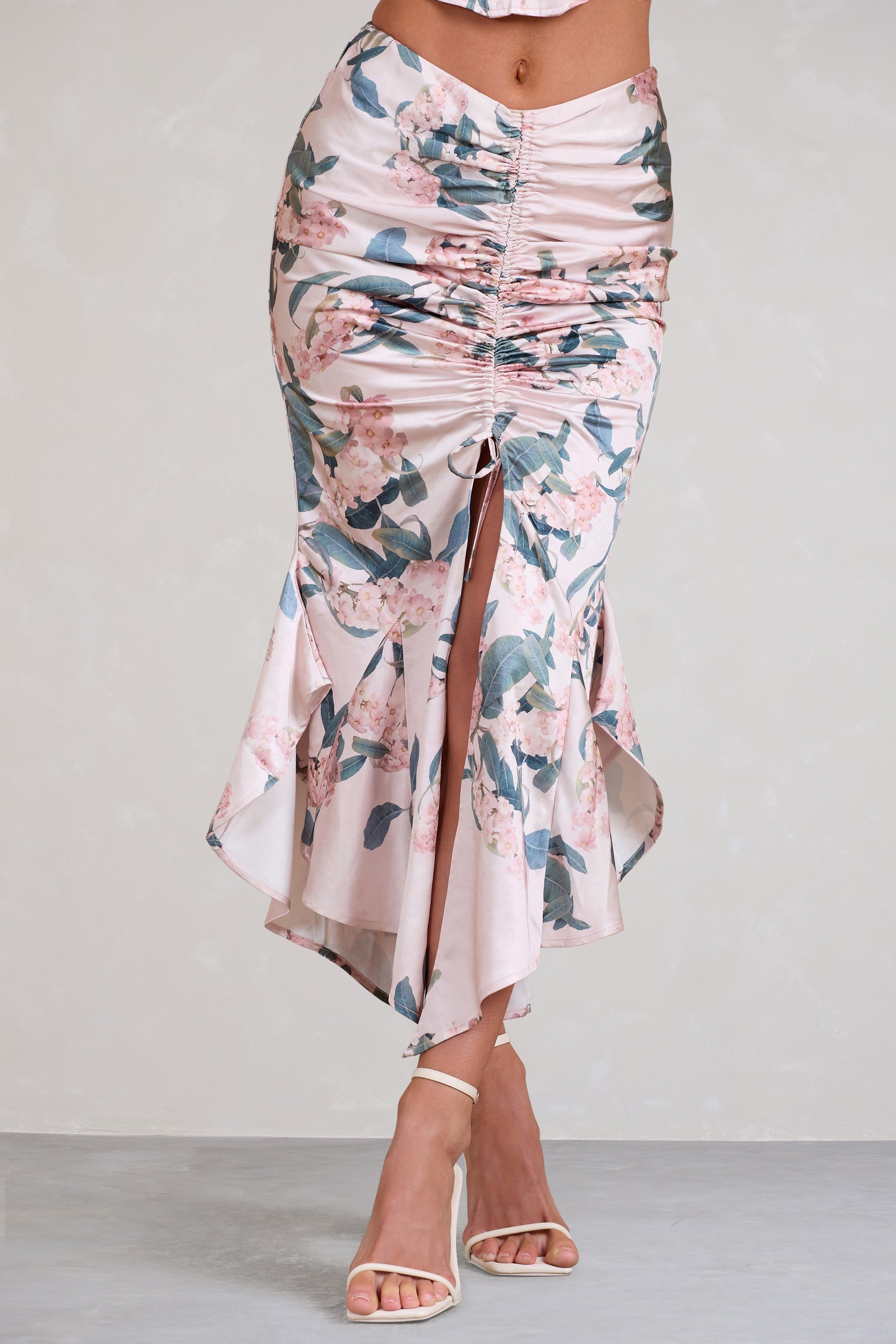Per Favore Pink Satin Ruched Split Maxi Skirt-Fashionmomo.All Rights Reserved