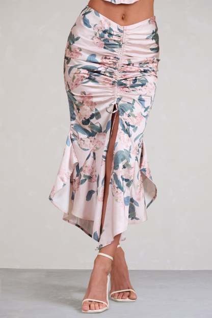 Per Favore Pink Satin Ruched Split Maxi Skirt-Fashionmomo.All Rights Reserved