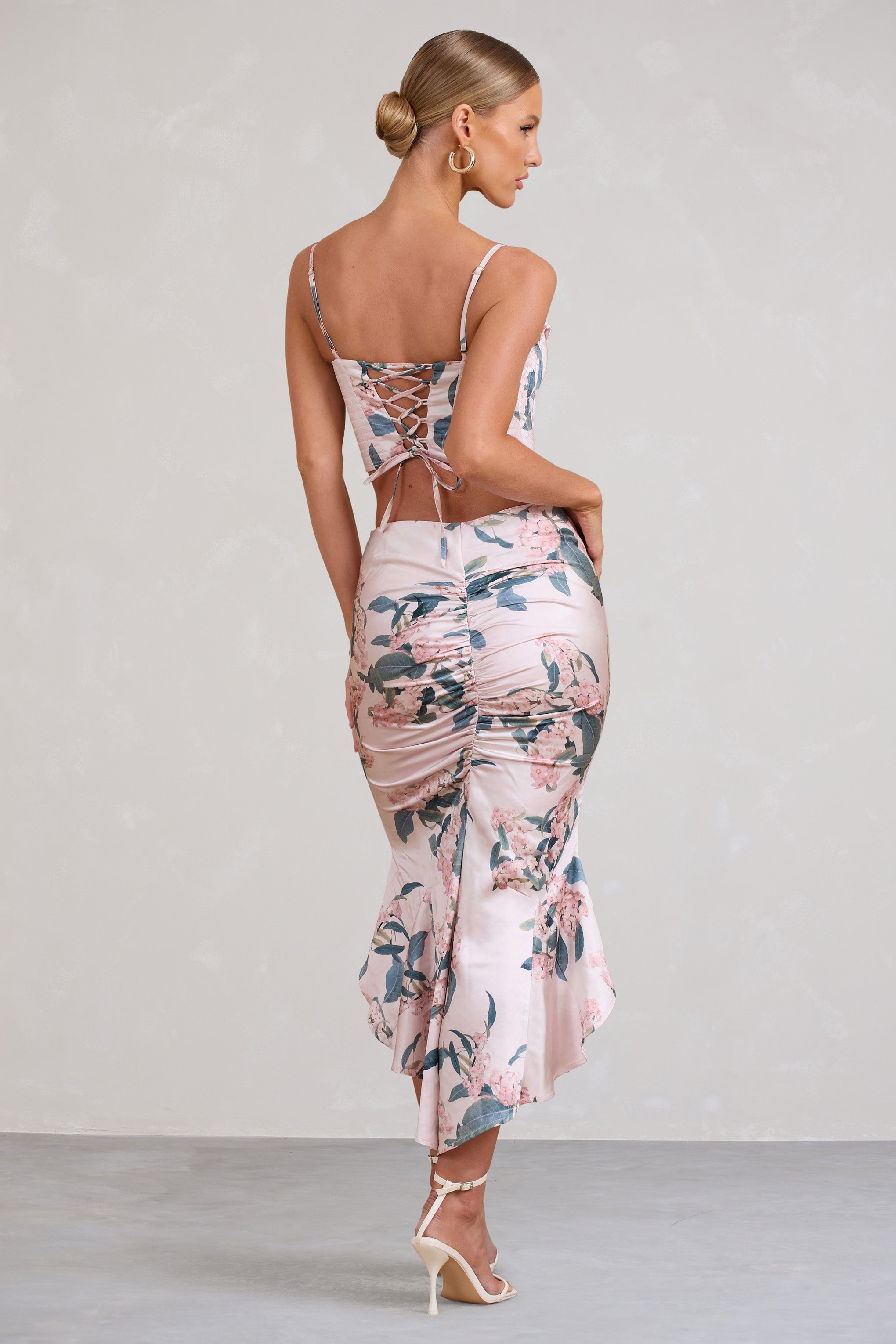 Per Favore Pink Satin Ruched Split Maxi Skirt-Fashionmomo.All Rights Reserved