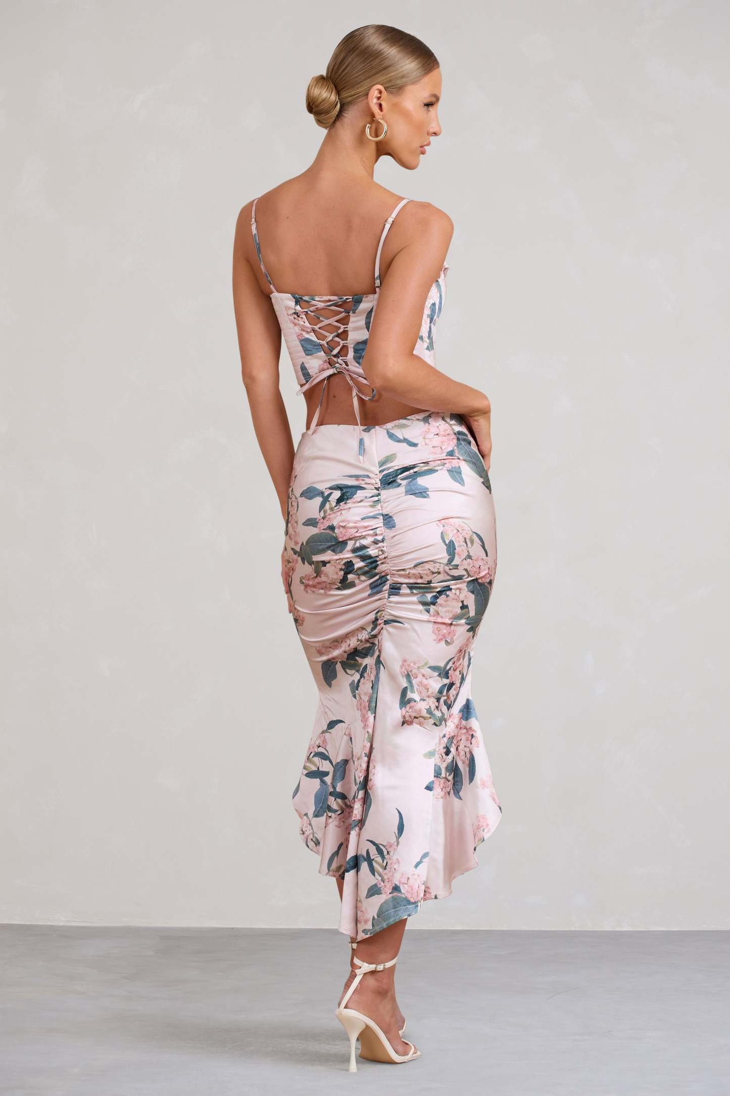 Per Favore Pink Satin Ruched Split Maxi Skirt-Fashionmomo.All Rights Reserved