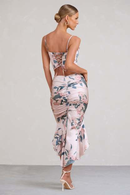 Per Favore Pink Satin Ruched Split Maxi Skirt-Fashionmomo.All Rights Reserved