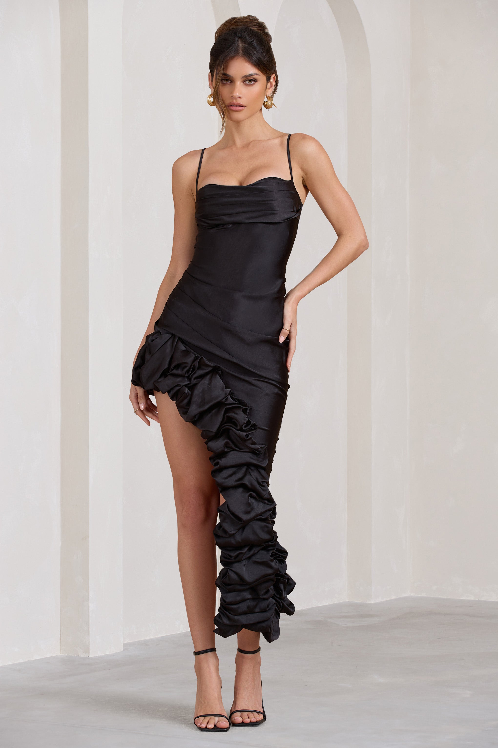 Florence Black Satin Asymmetric Ruffle Cowl Midi Dress-Fashionmomo.All Rights Reserved