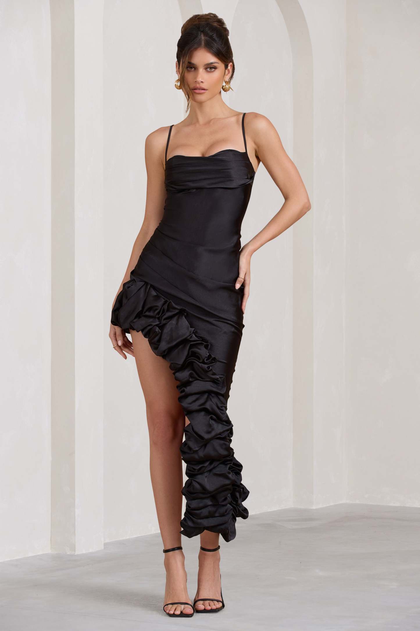 Florence Black Satin Asymmetric Ruffle Cowl Midi Dress-Fashionmomo.All Rights Reserved