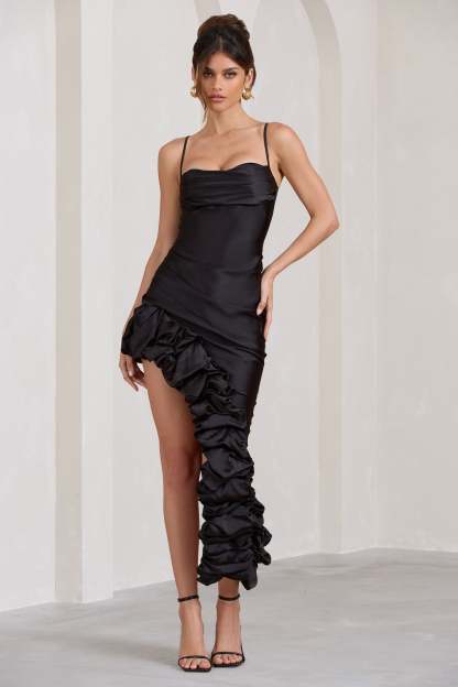 Florence Black Satin Asymmetric Ruffle Cowl Midi Dress-Fashionmomo.All Rights Reserved