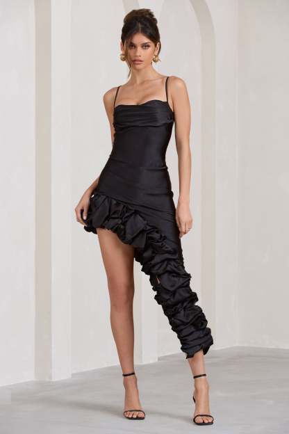 Florence Black Satin Asymmetric Ruffle Cowl Midi Dress-Fashionmomo.All Rights Reserved