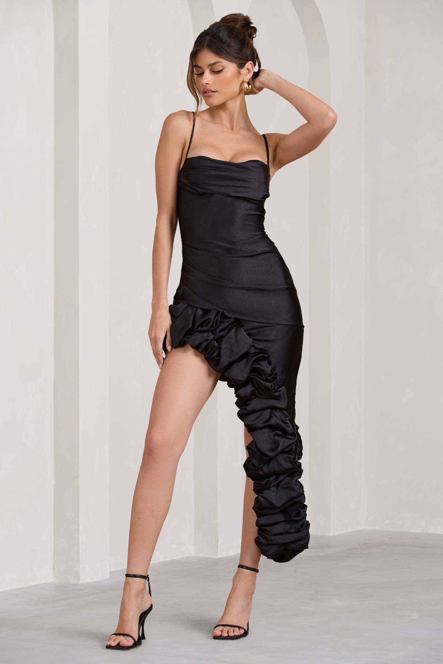 Florence Black Satin Asymmetric Ruffle Cowl Midi Dress-Fashionmomo.All Rights Reserved