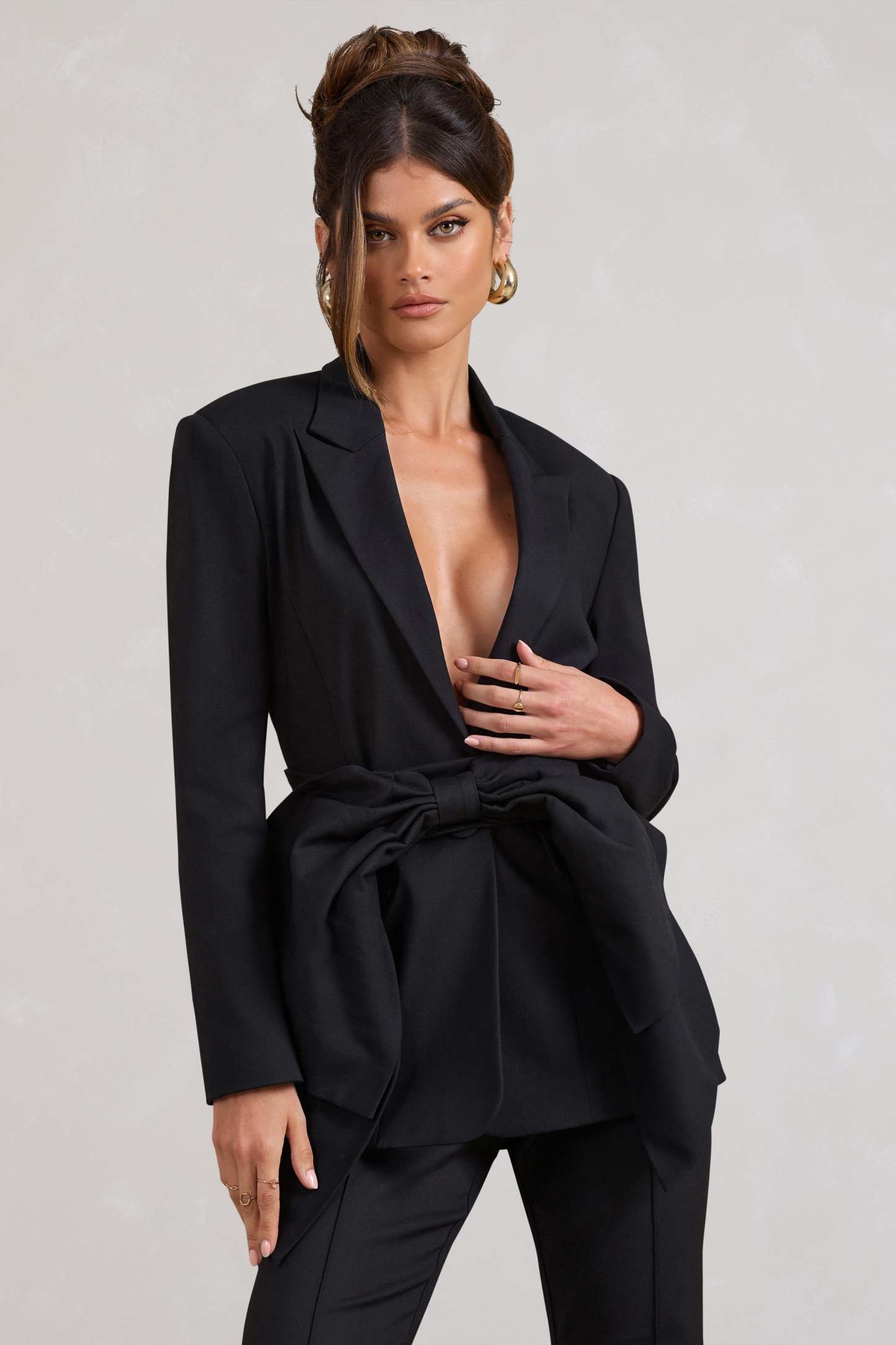 Gifted Black Plunge Blazer With Statement Bow-Fashionmomo.All Rights Reserved