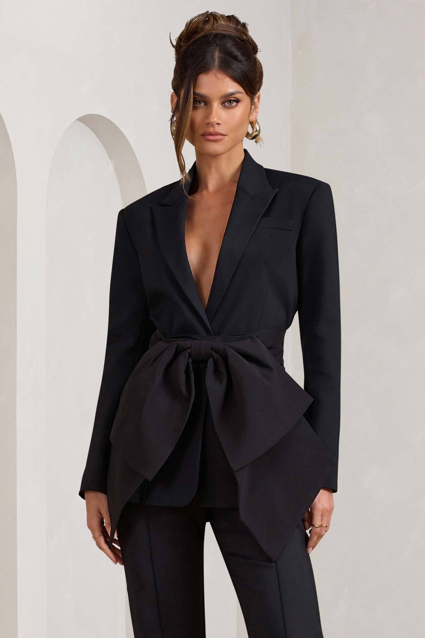 Gifted Black Plunge Blazer With Statement Bow-Fashionmomo.All Rights Reserved