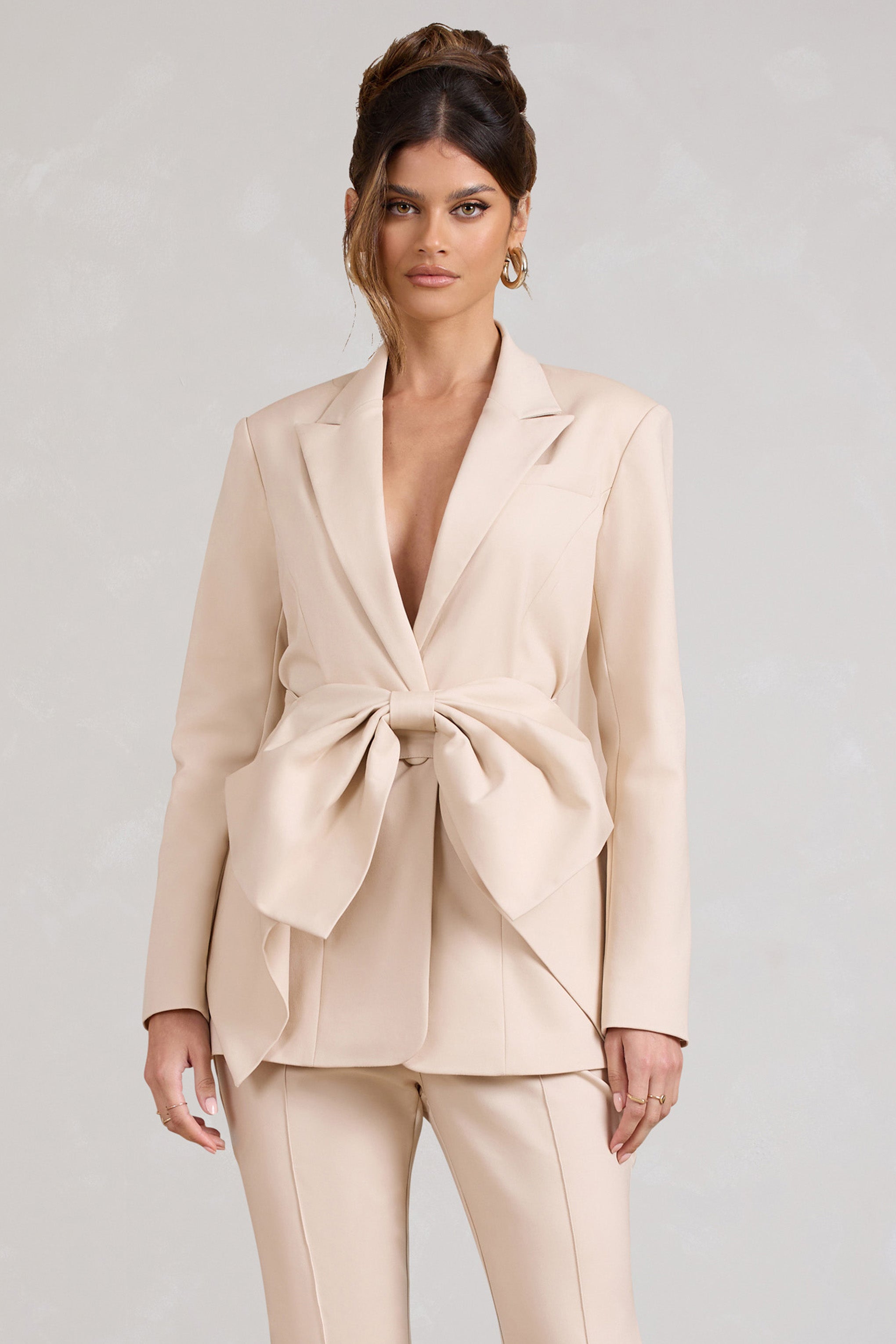 Gifted Stone Plunge Blazer With Statement Bow-Fashionmomo.All Rights Reserved