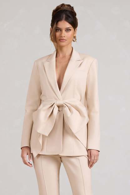 Gifted Stone Plunge Blazer With Statement Bow-Fashionmomo.All Rights Reserved